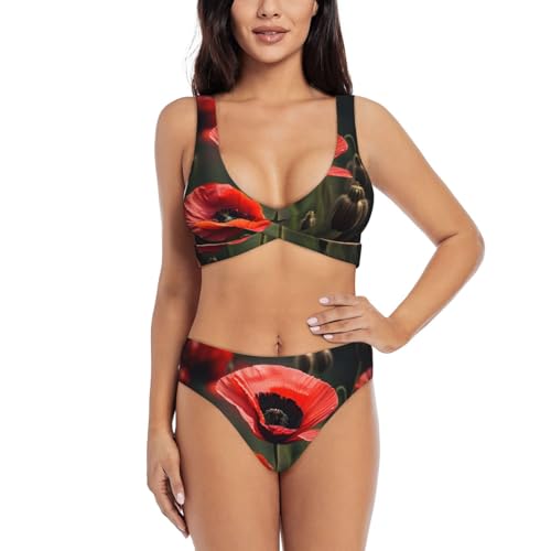 Maillot de bain 2 pièces rouge imprimé coquelicot pour femme élégante en bikini