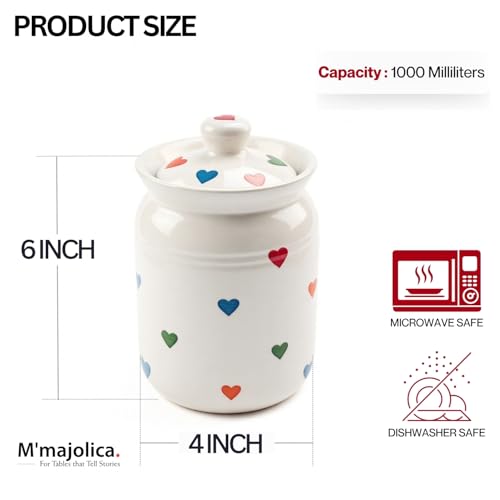 Image of Multi Heart Printed Ceramic Handglazed Pickle Jars Set of 1-1000 ML Each | 1 kg Achaar Martban Barni Jar with Lid | Ceramic Storage Jar Container Pickle, Chatney