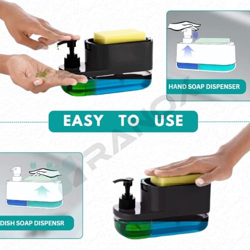 Image of Ranox Soap Dispenser for Kitchen Sink Accessories, Dish Wash Liquid Dispenser Pump 400ml with Sponge Holder, Bathroom Soap Dispensers, Kitchen Sink Organizer (Black (3 in 1))