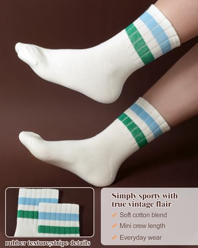 Image of Halfchet 8 Pairs Striped Crew Socks for Women Retro Cotton Athletic Mini Crew Socks with Stripes for Tennis Running Sports