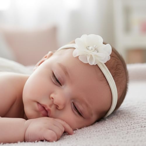 Image of SYGA 3 Pack Baby Girl Headbands - Soft Stretchable Nylon Flower Comfortable Elastic Hairbands for Newborns, Infants & Toddlers 0-3 Years (Off-White)