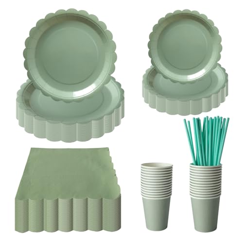 PHUNAT Salbeigrüne Pappteller, Servietten, Becher, Set, 125-teiliges...