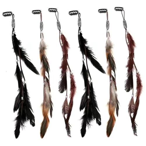 Hair Extension, 6PCS Hair Feathers Clip In, Feathers Extensions with Braided Beads for Women Cosplay Costume Summer