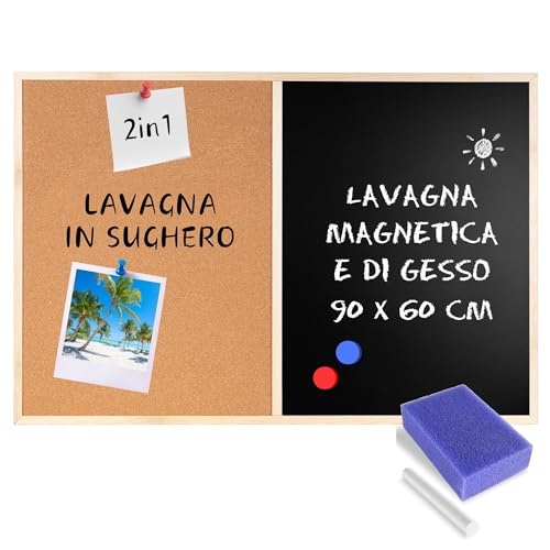 Creative Home Lavagna metà Sughero metà Magnetica 90 x 57 cm, anche Lavagna per Gesso | Cornice in Legno + 5 Magneti, Gesso, Spugna e Puntine | Bacheca Cucina da Parete per Ristorante, Scuola, Casa