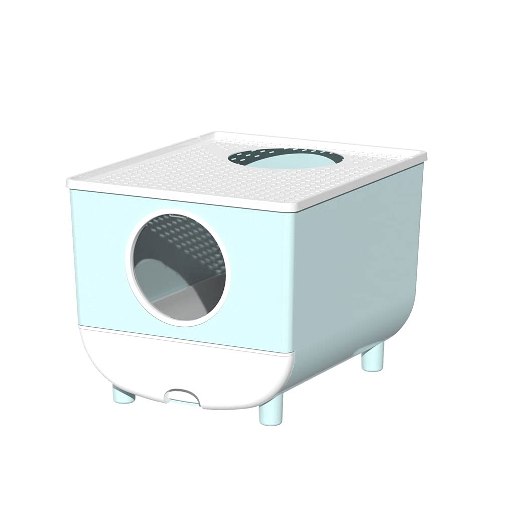 Maison de toilette pour chat anti-odeur avec bac à litière semi-fermé et tiroir bleu