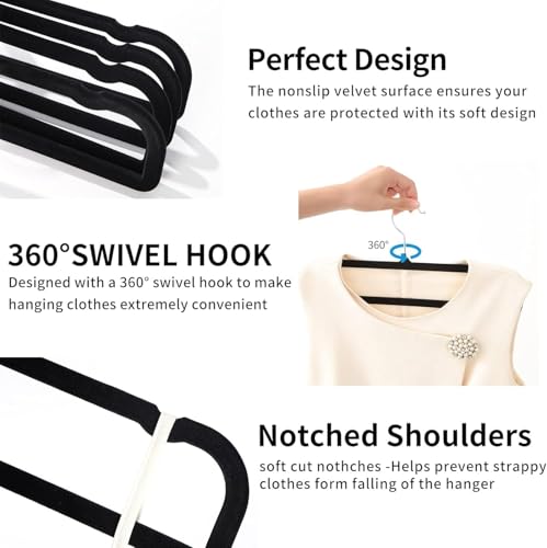 Image of 20 Pack Velvet Pants Hangers for Closet Space Saving, Thin Hanger (Black) | 35cm(L) Heavy Duty Flocked Trouser Hangers, Durable, Clothes Hanger with Silver Swivel Hook, Jean Hangers for Women and Men
