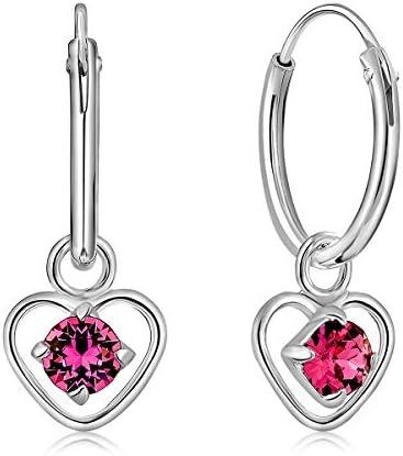 DTPsilver® 925 Sterling Silver SMALL Hoops Earrings & Dangling Heart with 3 mm Glittering Crystals from Swarovski® Elements - Thickness 1.5 mm - Diameter: 14 mm