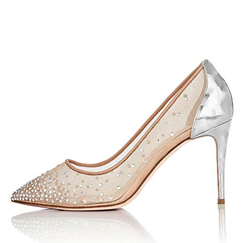 XYD Rhinestones Studded Stiletto High Heels Mesh Pumps for Women Slip On Pointed Toe Evening Wedding Dress Shoes2