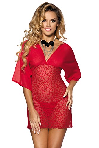 Camisón rojo manga corta malla y cuerpo encaje con tanga, rojo, S-M
