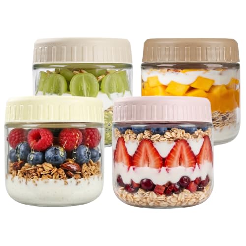 SHOWIN Overnight Oats Containers with Lids 10oz Glass Jars with Lids 4 pcs Wide Mouth Mason jars for Salad Yogurt Snacks Meal Prep
