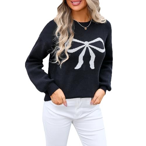 Women Cute Bow Sweater Y2k Long Sleeve Crew Neck Knit Sweaters Aesthetic Pullover Top