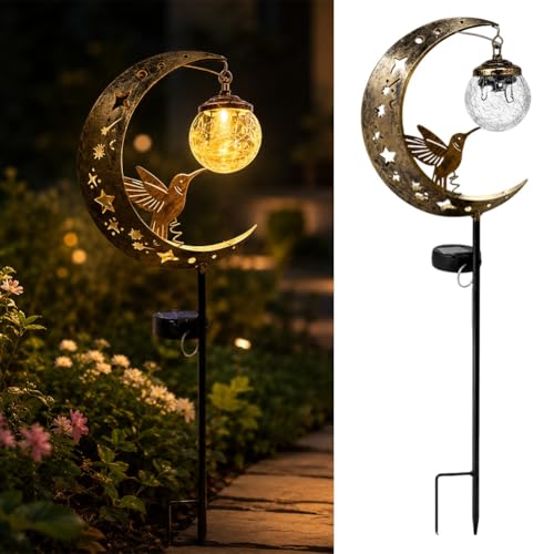 Frewac Hummingbird Moon Solar Garden Stake Light Waterproof Half Moon LED Pathway Decor Crackle Hanging Glass Globe Ball Metal Crescent for Outside Yard Patio Lawn Outdoor Decor