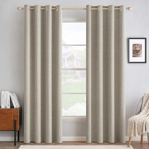 Image of MIULEE 100% Blackout Linen Textured Curtains for Bedroom Solid Thermal Insulated Pebble Taupe Grommet Room Darkening Curtains & Drapes Luxury Decor for Living Room 52 x 90 Inch (2 Panels)