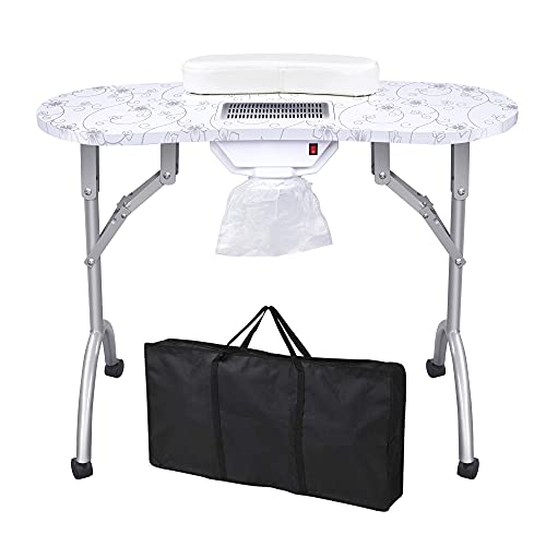DIKO Manicure Table Nail Desk Portable & Foldable Nail Table Station Technician Desk for Home Spa Beauty Salon Nail Beauty with Electric Dust Collector, Wrist Cushion, Lockable Wheels, Carry Bag