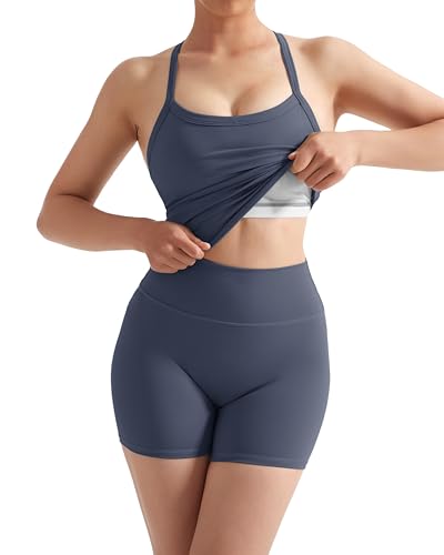 Image of SUUKSESS Women 2 Piece Workout Sets High Waisted Tummy Control Biker Shorts Halter Padded Tank Tops