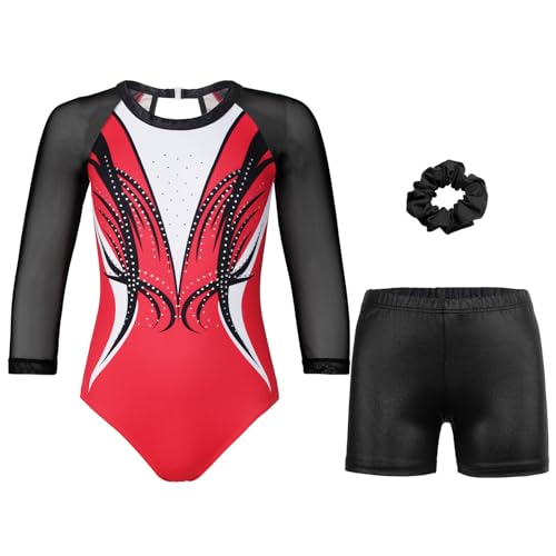 Gymnastics Leotards for Girls With Shorts Sparkly Ballet Dance Long Mesh Sleeve Red-black Diamond Set 12-13 Years