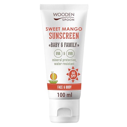 Wooden Spoon Crema Solar Orgánica Bebé y Familia “Sweet Mango” SPF 50 – 100% Natural, Zinc Invisible, Sin Rastro Blanco, Hipoalergénica, Vegana, Resistente al Agua – 100 ml