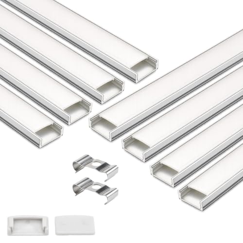 Image of 18x06 Aluminum Channel Profile with Diffuser Cover, Mounting Clips & End Caps | Aluminum LED Strip Light Housing for Cabinet, Ceiling, Shelf & Wall Lighting (Pack of 8)
