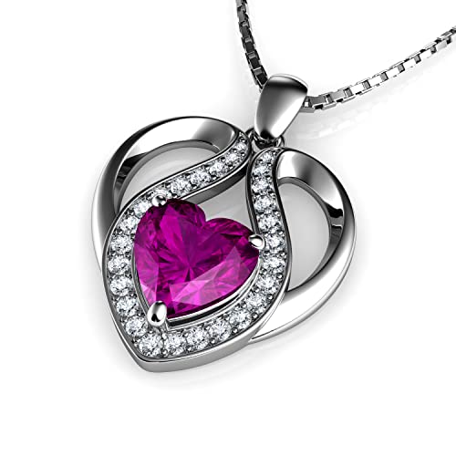 Image of DEPHINI Crystal Heart Necklace – 925 Sterling Silver, Cubic Zirconia Pendant, Rhodium Plated Jewellery for Women (Pink 3)