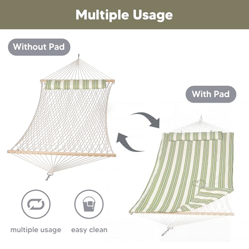 Image of SUNCREAT Portable 2 Person Hammock with Hardwood Spreader Bar, Cotton Rope Outdoor Hammock with Polyester Pad, Green&Beige