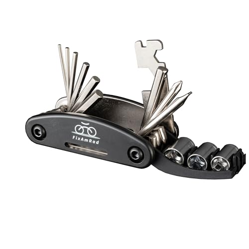 FixAmRad Fahrrad Multifunktionswerkzeug 16-in-1 klappbares Mini Reparaturset mit Inbusschlüsseln, Schraubendrehern und Stecknüssen Werkzeug Set Zubehör e-Bike schwarz