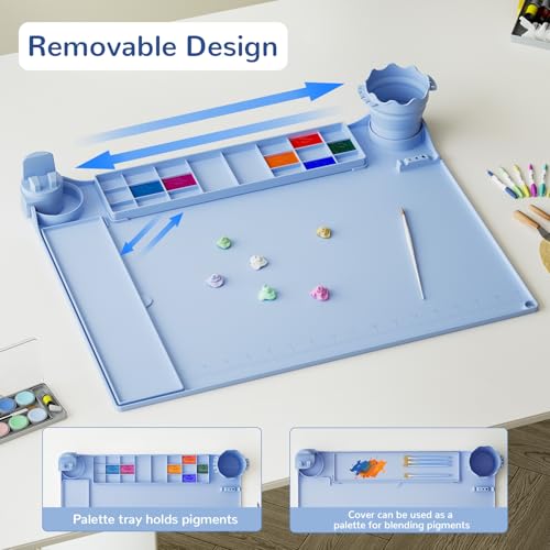 Silicone Art Mat for Kids Silicone Painting Mat Silicone Painting Station with Detachable Cup,Palette with Lid &360°Phone Holder Craft Mat for Kid Paint Mat with Bulit-in Brush Rest&Ruler 20"X16" Blue by CLESOO - Image 7