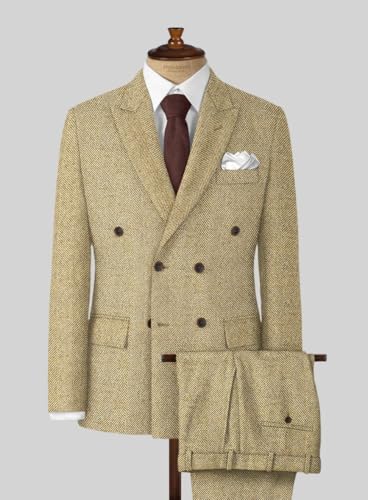 Vintage Men's Herringbone Tweed Suit Wedding Tuxedo Prom Double Breasted Suits Notched Lapel 2 Pieces Jacket Pants2