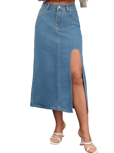 Womens Long Denim Skirt Casual Western A Line Midi High Slit Jean Skirts