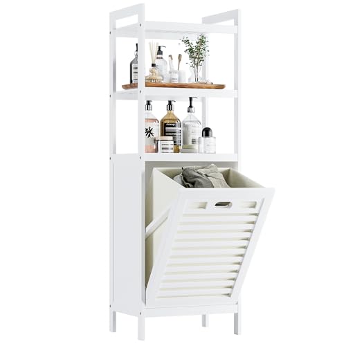 HITNET Meuble Salle de Bain avec Panier à Linge, Armoire Bas Salle de Bain en Bambou avec 3 étagères Ouvertes, 40L Sac Intérieur Amovible pour Buanderie,...