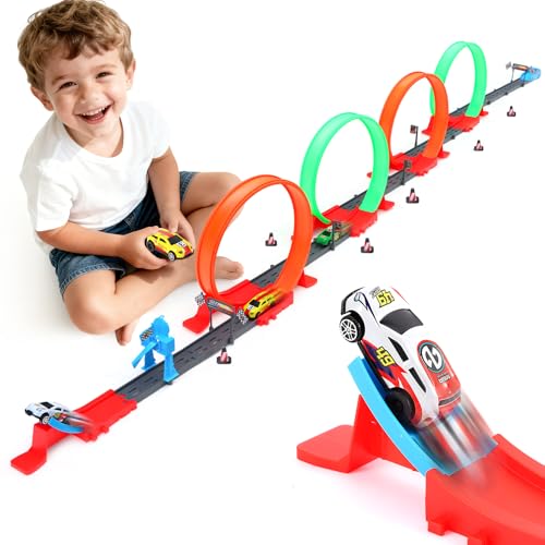 Havnidy Autorennbahn f&uuml;r Kinder, Rennstrecke Auto Spielzeug Mit 4 360&deg;-Loopings und 3 Schnellen R&uuml;ckziehautos, Strecke Spielzeug Geschenk f&uuml;r Jungen ab 3 4 5 6 Jahren