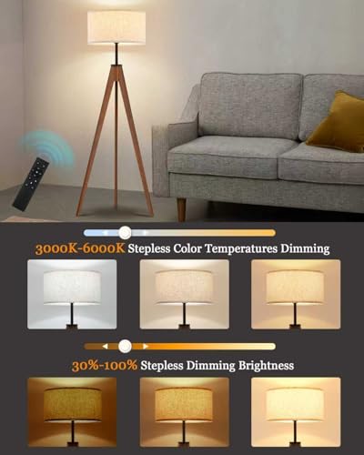 Image of ELYONA Ash Wood Tripod Floor Lamp Stepless Dimmer & Color Temperature, Remote Control Mid Century Modern Coner Standing Lamp Linen Shade for Living Room Bedroom Office, LED Bulb Included, Walnut