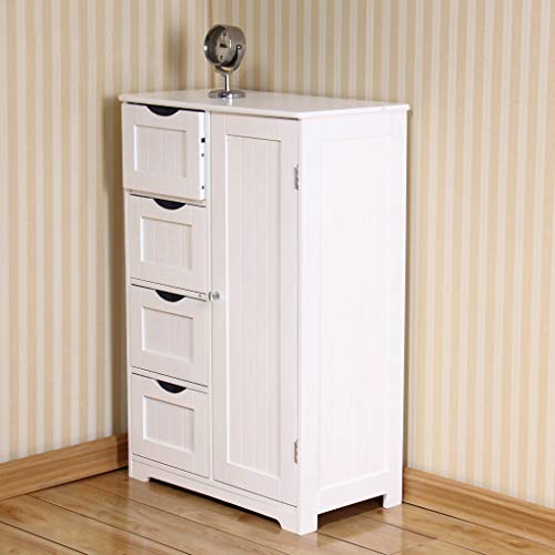 HuiDao Wooden Floor Cabinet Storage Organizer Cabinet with 4 Drawers and 1 Door for Bathroom, Entryway, Home, Office, 22x12x32 Inch, White