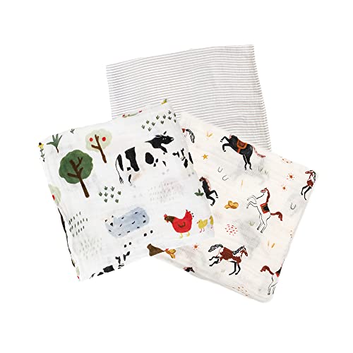 Image of Red Rover Kids Cotton Muslin Swaddle - 47” x 47”- 100% Cotton – Machine Washable – Softer with Every Wash – Playful Designs - Soft, Breathable & Lightweight – Unisex - 3 Pack (Family Farm)