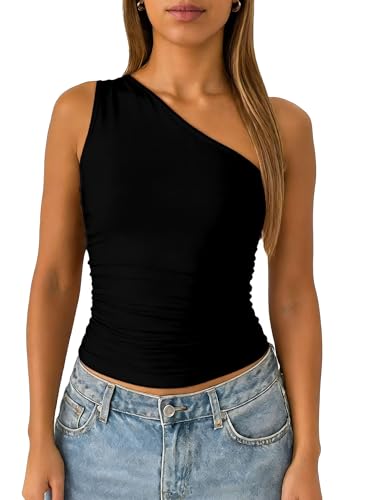 ForeFair Women One Shoulder Going Out Tank Top Double Lined Ruched Sleeveless Y2k Cute Summer Top(Black XS)