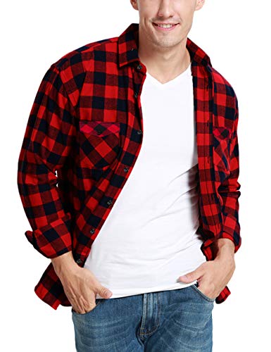 JEETOO Homme Chemise à Carreaux Manche Longue Casual Slim Fit en Flanelle (Rouge, Medium)