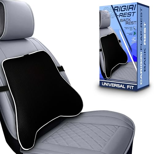 Image of Carigiri FlapRest Car Back Rest Pillow| 1 Year Warranty| Memory Foam Back Pillow| Car Seat Back Cushion| Car Back Pillow for Back Pain Relief in Office,Driving(Black, White Hemming, Pack of 1)