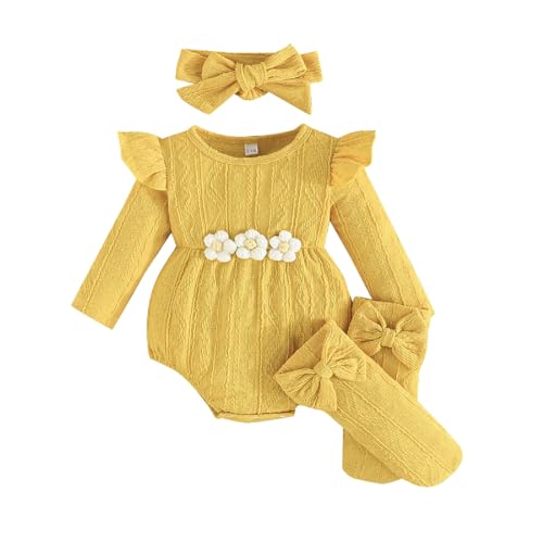 Kunyeah 3Pcs Bebé Niña Trajes Mono de manga larga con volantes para bebé + cinta para el pelo con lazo + calcetines Mono de flores para recién nacido (Amarillo, 6-9 Meses)