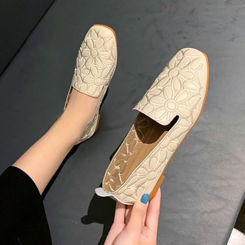 WENJIAZHIZHI Women's Floral Ballet Flats for Women Black Beige Square Toe Casual Walking Flats Shoes4