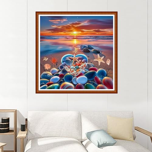 Image of Joyhoor Stamped Cross Stitch Kits for Beginners Needlepoint Kits for Adults Embroidery Kits 11CT Counted Cross Stitch Kits Printed Embroidery Pattern-Beach Love 18x18 inchs