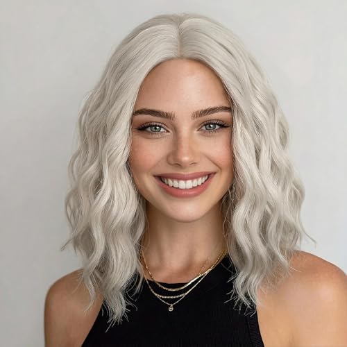 Image of Eawwii Wigs for Women Silver Gray Shadow,Short Wavy Synthetic Lace Wig | Glueless 4x1 Lace Hairline, Heat-Resistant Fiber,Bob Wave Style,Natural Appearance for Everyday Cosplay 14 Inch