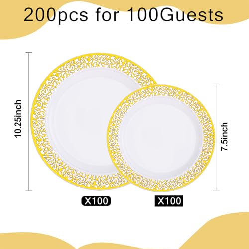 Image of I00000 200 Pcs White and Gold Plastic Plates, Disposable Plastic Plates for 100 Guests Include: 100 Pcs Dinner Plate 10.25 inch and 100 Pcs Dessert Plate 7.5 inch Perfect for Party and Wedding