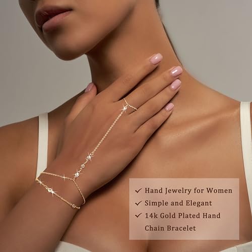 Florideco Gold Hand Chain Bracelets for Women Trendy 2 Piece Adjustable Finger Ring Bracelet Stack Dainty 14K Gold Plated CZ Layered Beaded Hand Chains Jewelry Gifts2