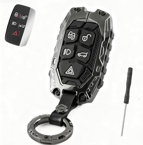 Heavy Duty Key Fob Cover for Land Rover Range Rover Sport Evoque Discovery 4 Freelander & Jaguar XE XJ XJL XF Anti-Scratch Zinc Alloy Metal Key Case Shell with Keychain (Black)