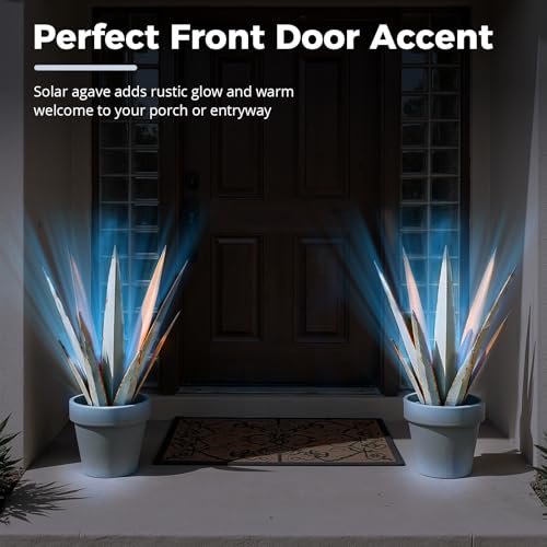 Image of KODIBO 24 inch Metal Agave Plant Outdoor Decor with Solar Light, Vintage Blue