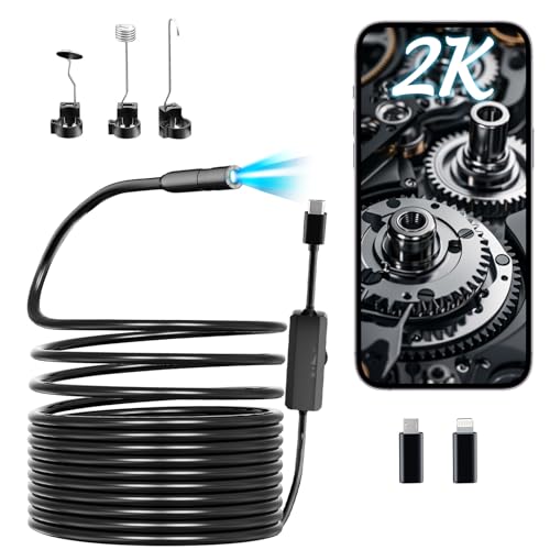 ファイバースコープ 【2K高画質＆276万画素】 工業用内視鏡カメラ 5.5mm極細ファイバースコープ 防水工業用内視鏡カメラ 8個LEDライト搭載 スマートフォン内視鏡カメラ USBフルHD エアコン・下水道・車両点検用 マイクロスコープ iPhone/Android/iPad対応（Type-C/Lightningインターフェース）IP67防水 24ケ月保証付 (5m) [並行輸入品]