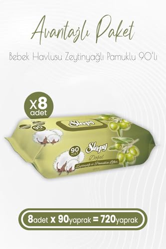 Zeytinyağlı ve Pamuklu Islak Bebek Havlusu 90 Yaprak x 8 (720 Yaprak)