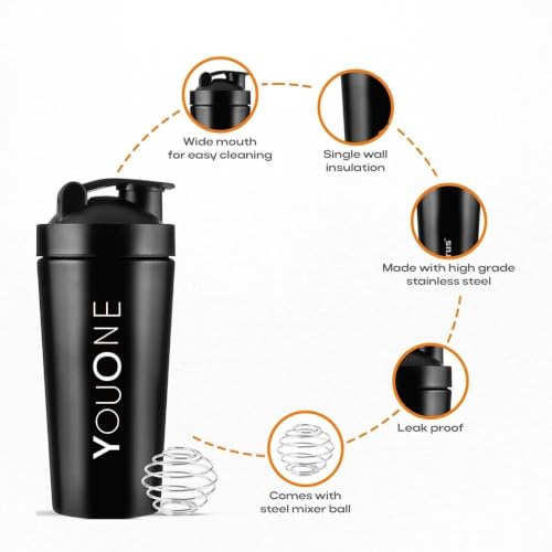 Image of YOUONE Stainless Steel Shaker Bottles For Gym - 100% Leakproof Guarantee, Ideal For Protein, Pre Workout, Bcaas & Water Bpa Free Material (Red) (Black)