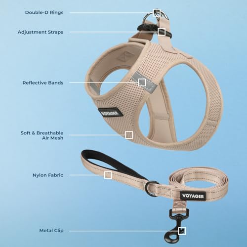 Image of Best Pet Supplies Voyager Step-in Air All Weather Mesh Harness and Reflective Dog 5ft Leash Combo with Neoprene Handle, for Small, Medium and Large Breed Puppies - Khaki, S