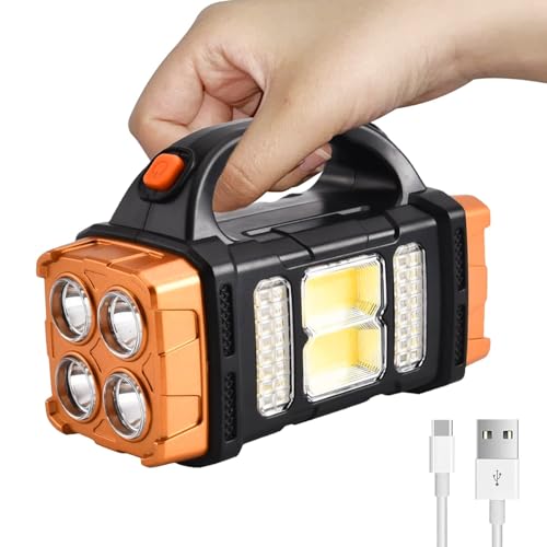 Linterna solar de mano de dos lados con luz lateral COB, foco de 8 modos de alto brillo, luz de búsqueda LED portátil recargable con cable USB para caza, barco, camping, emergencias