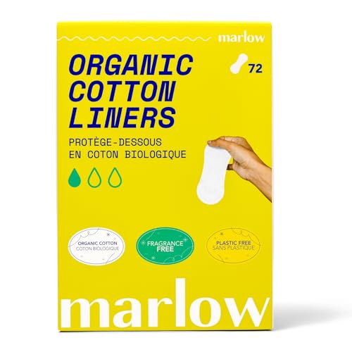 Marlow 100% Organic Cotton Top Sheet Liners with Biodegradable Wrapping, Plastic Free, Fragrance Free, Chlorine Free, Toxin Free, Hypoallergenic, Ultra Thin, Leak Proof, 72 Count